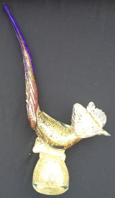 Scultura Vetro Sommerso Murano Avem 1930-40 Rosso Blu Oro Fagiano Raro Uccello