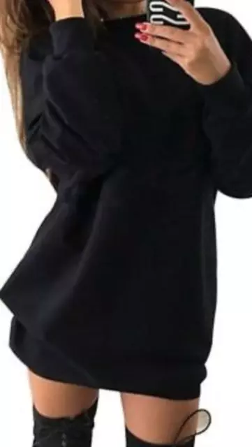 Femmes Uni Pull Haut Ample Poche Latérale Robe Tunique Long Ras