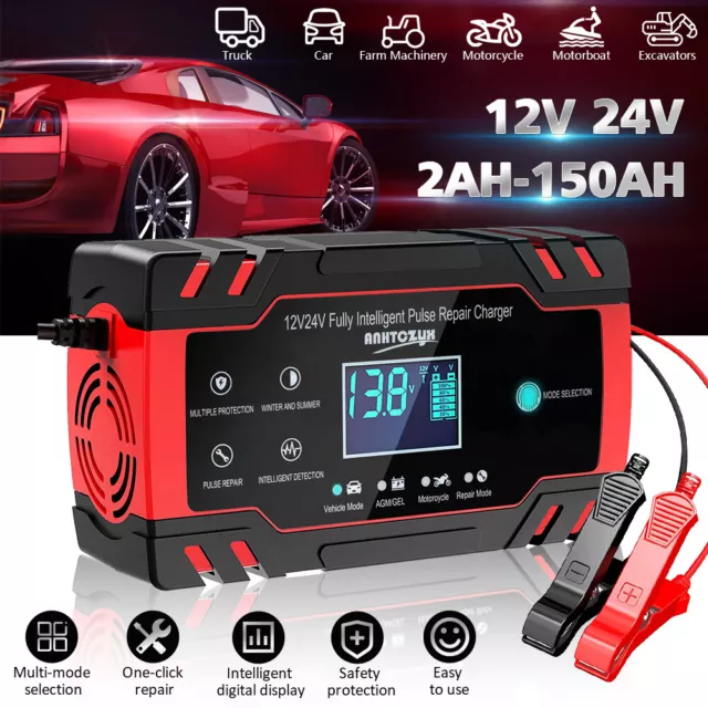 Intelligent Automatic Car Battery Charger 12/24V 8A Pulse Repair Starter AGM/GEL