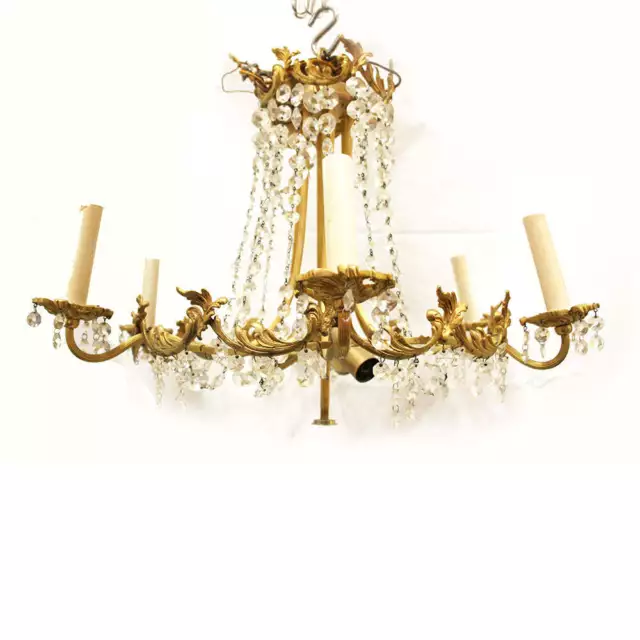 Antique 6 Light Brass Chandelier - Salvaged Crystals Beautiful Design