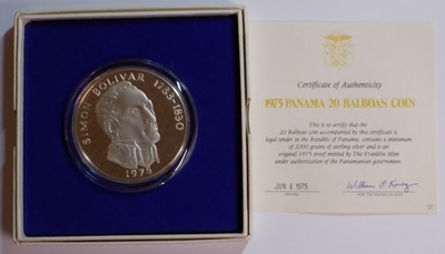 In scatola 1974 PANAMA ARGENTO PROOF 20 BALBOAS MEDAGLIA CON CAPSULA & Certificato. 