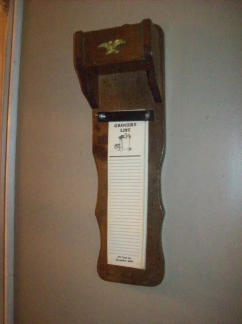Vintage Grocery List / Key Holder Wall Hanger Brass Eagle. Solid Wood. NICE