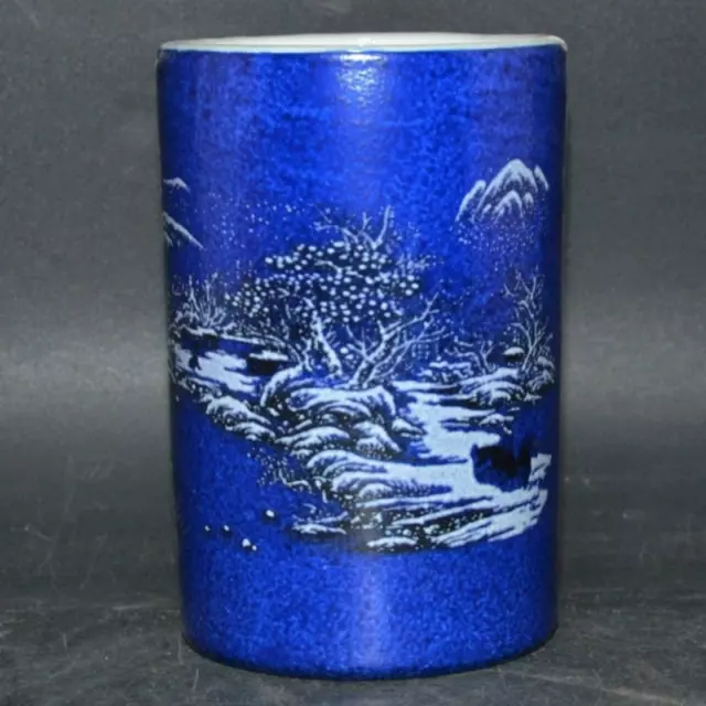 4.7" Chinese Jingdezhen Brush Pot Blue Glaze Porcelain Snow-covered Landscape