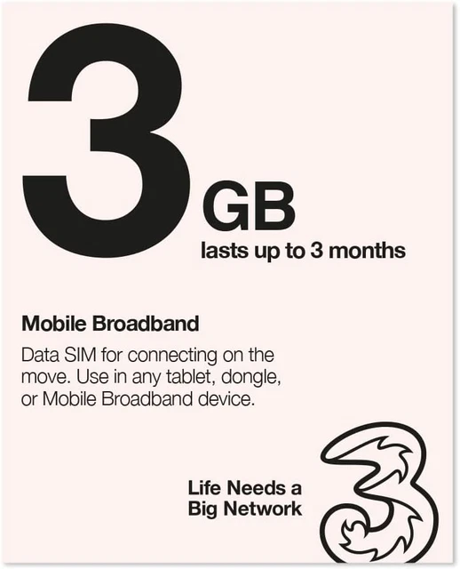 SIM dati Three Mobile Pay As You Go banda larga mobile 3 GB