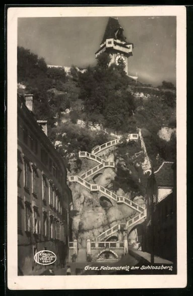 Graz, Felsensteig am Schlossberg mit Uhrturm, Ansichtskarte