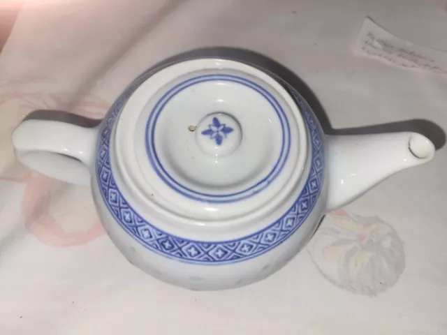 Vintage Chinese Rice Grain Blue White Porcelain Tea Pot