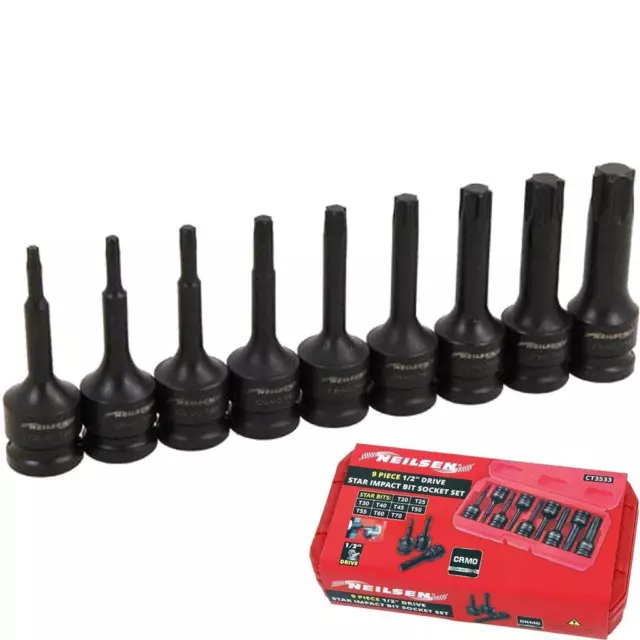 Neilsen 9pc Impact Torx Bit Sockets Set 1/2" Drive Impact Star T20 - T70