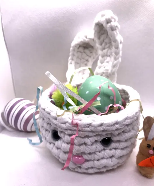 100% Reciclado Algodón Conejo de Pascua Cesta de Huevos Blanca Nueva