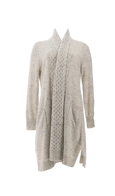 Isaac Mizrahi 2-Ply Cashmere Cardigan Cable Cream Donegal S NEW A382544