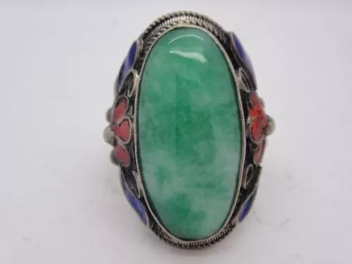 Collectible Chinese Inlay Green Jade Old Tibet Silver Cloisonne Flower Ring