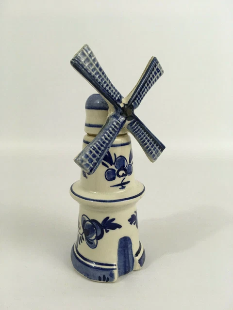 Vintage Delft Hand Painted Miniature Moving Windmill Liquor Bottle With Cork Top