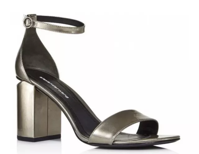 NIB Alexander Wang Abby Pewter Liquid Patent Ankle Strap Sandals 37 US 7