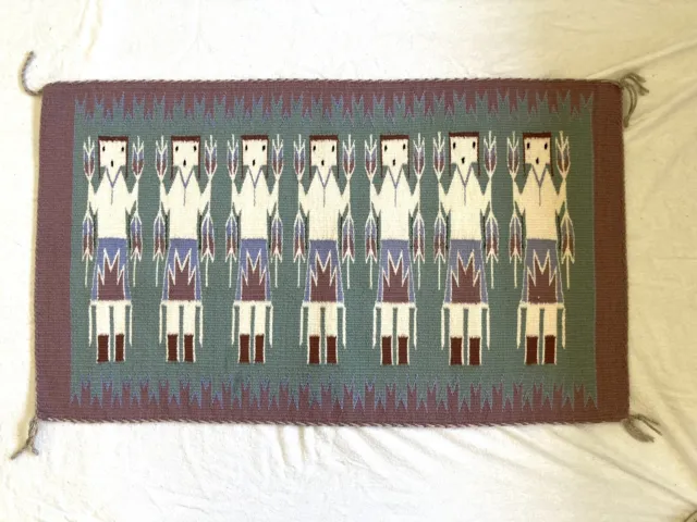 NAVAJO WEAVING RUG/TAPISTRY, 7 YEI Figures, Native American, Vintage 20.75x35”