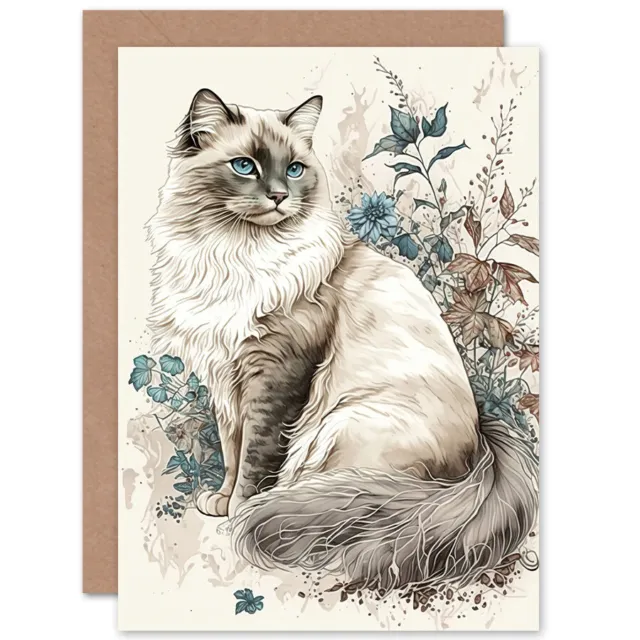 Blue Point Ragdoll Cat Flowers Art Birthday Blank Greeting Card With Envelope