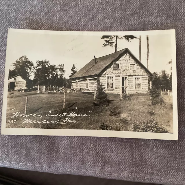 Mercer WI Log Cabin Home Sweet Home real photo Postcard Wisconsin  RPPC 1929 PM