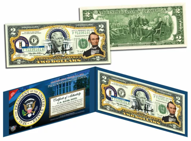 ABRAHAM LINCOLN * President 1861-1865 * COLORIZED $2 BILL! COA & FOLIO!