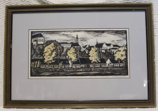 Antique German Color Woodcut Holzschnitt 1927 Signed Richard Huber Dresden Frame