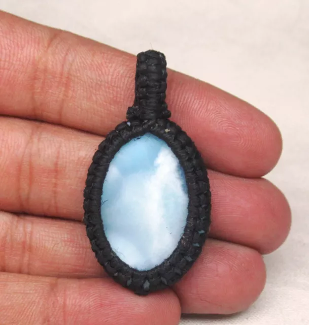 Natürlich Larimar Cab 39.80 Karat Baumwolle Gewachst Schnur Makramee Anhänger J