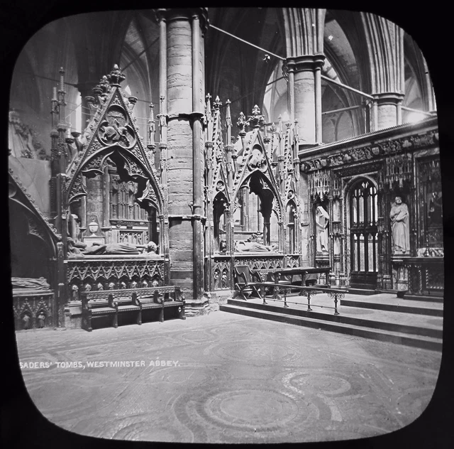 Glas magische Laterne Rutsche KREUZFAHRERGRÄBER WESTMINSTER ABBEY C1890 VIKTORIANISCHES FOTO