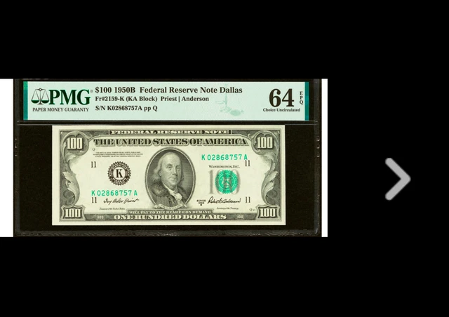 DALLAS TEXAS Fr. 2159-K $100 1950B Federal Reserve PMG Choice Uncirculated 64EPQ
