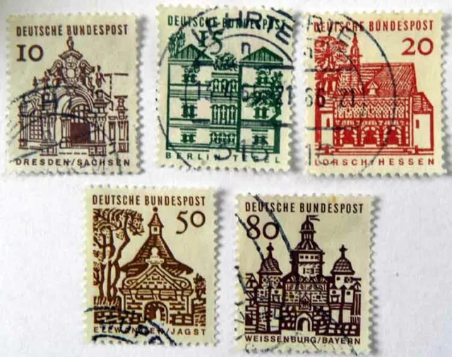 Dt. Bundespost 1964 Bauwerke 10, 15, 20, 50, 80 Pf gest. Mi 454-456, 458, 461