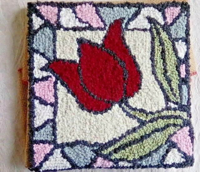 Rug Hooking Panel Stained Glass Pattern Crimson Tulip Wool and Burlap Pillow?