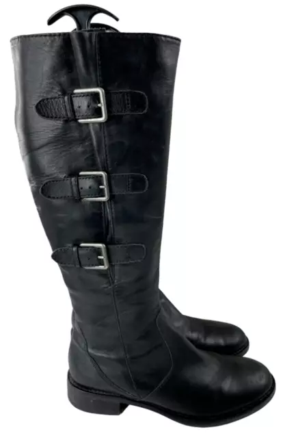 Ecco Women's Hobart Black Leather Knee High Buckle Boots Size EU 39/US 8-8.5