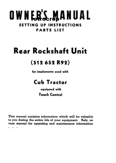 IH International Harvester Farmall Cub Hydraulic Rockshaft Owner's Manual Early