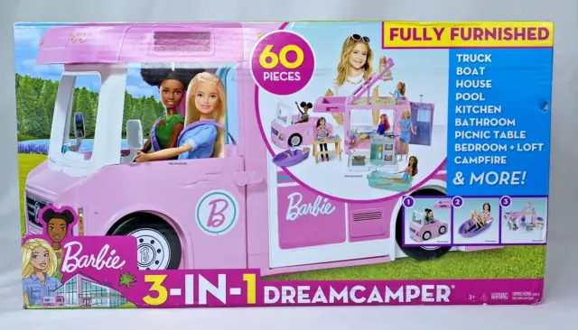 Barbie Camper RV Mattel Pop Up Pink Van 3 In 1 Dream Home Vehicle Play Set NIB