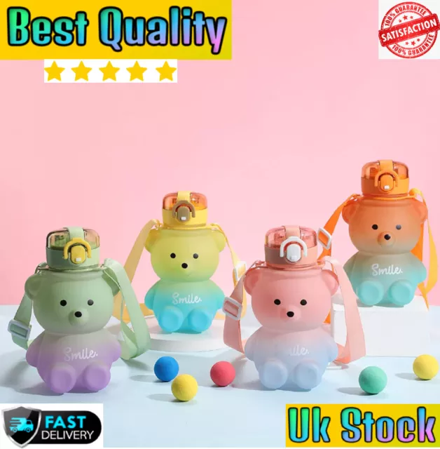 SMILE 800ml Bear Adults Kids Water Bottle with Straw Shoulder Strap Cute Bottles