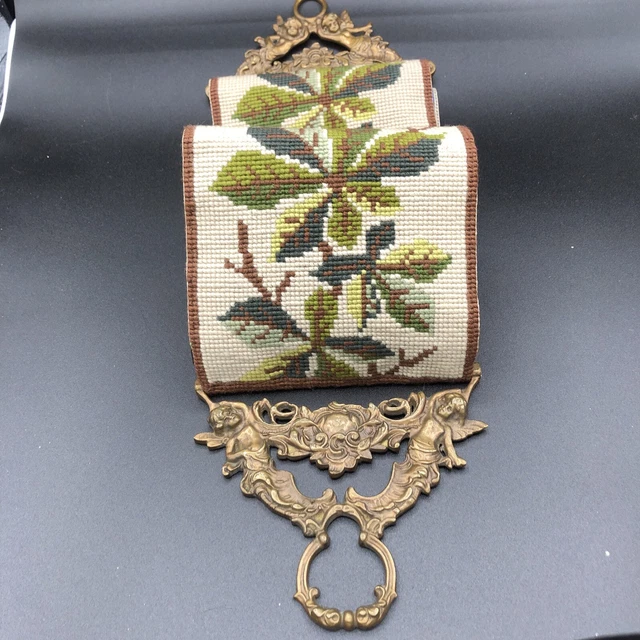 Vintage Needlepoint Leaves Branches Bell Pull Brass Fairies Angels Art Nouveau