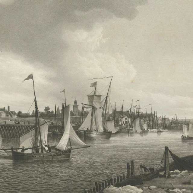Vue du port de Gravelines - Aquatinte originale Louis Garneray XIXe