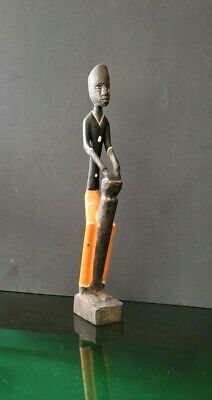 Hand Carved Wood Statue Tribal African Man with Drum - Signed AiM ~ Vintage