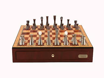 Dal Rossi Italy Chess Set: 18" Red Mahogany Finish Chess Box & Contemporary Pewt