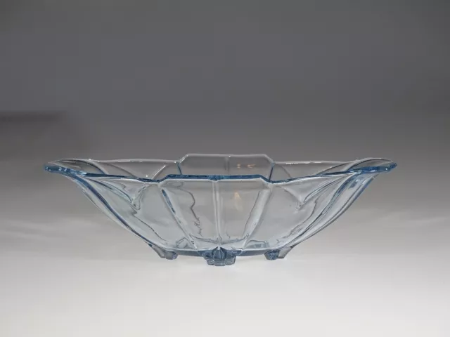 Vintage Deco Czech Ice Blue Glass Oval Bowl with Geometric Motifs c.1930