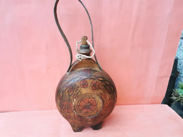 OLD ANTIQUE PRIMITIVE CARVED WOODEN VESSEL FLASK WINE WATER BOTTLE EARLY 20th