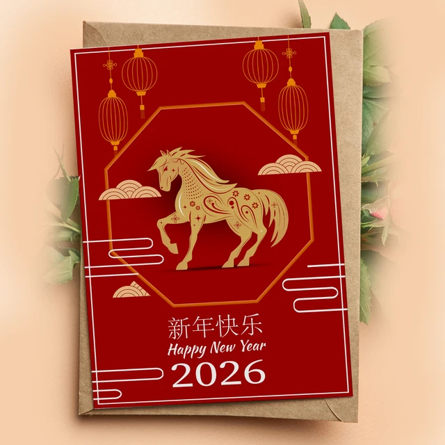 CHINESE NEW YEAR Card Year of the Horse 2026 Red Horse Lunar Year Gift ...