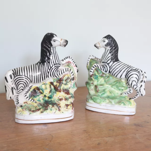 A Pair Of Victorian Staffordshire Pottery Flat Back Zebra, c.1850.