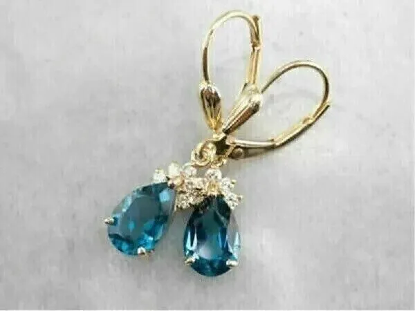 Pear Cut London Blue topaz Drop/Dangle Women's Earrings 14K Yellow Gold Finish