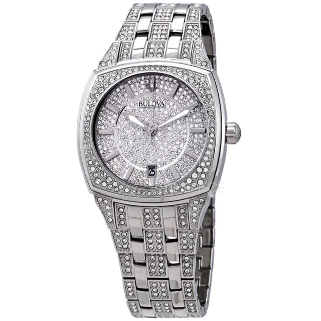 Bulova $675 Mens Dazzling Crystals Silver Pavé Dial Dress Watch Phantom 96B296