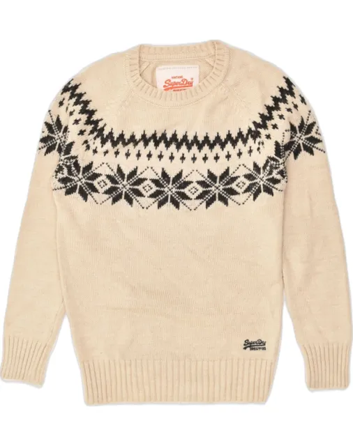 SUPERDRY Mens Crew Neck Jumper Sweater Small Beige Fair Isle Acrylic AL80