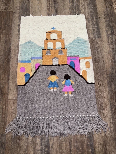 VTG Wool Woven Weaving RUG Wall Tapestry Church couple 60s Handmade 3D 2 sided