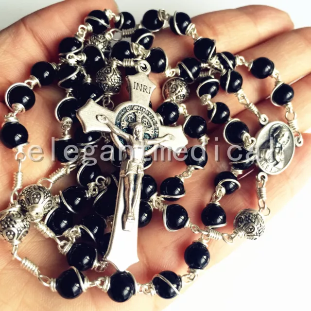 Bali 925 Sterling Silver Beads black agate Catholic gift Rosary Necklace Cross