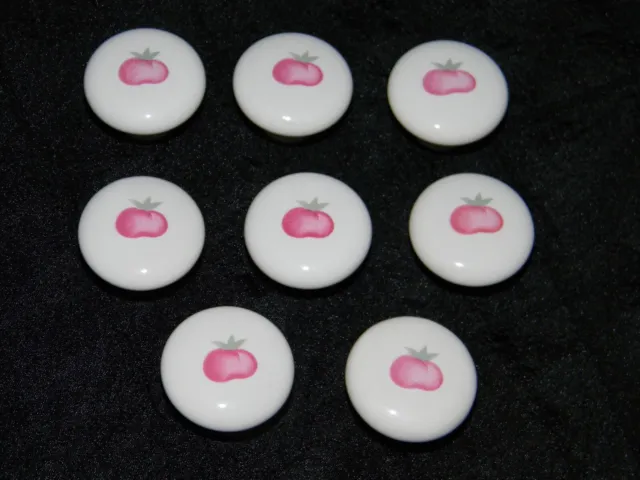White Ceramic Porcelain with Red Tomato Drawer Pulls Cabinet Knobs ~Set of 8~