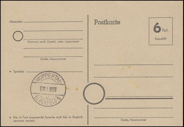 Notausgabe / Behelfsausgabe Postkarte P 671 WUPPERTAL-ELBERFELD 4, ungebraucht