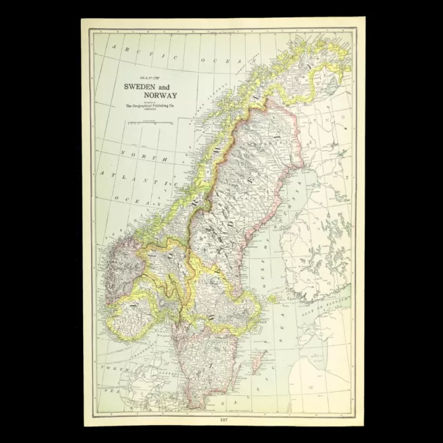 Vintage Scandinavia Map NORWAY SWEDEN Original Wall Art Decor Antique ca 1922