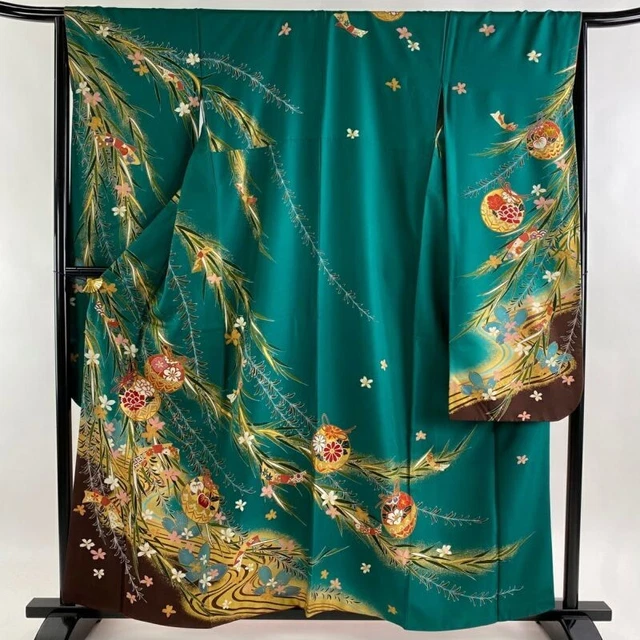 Woman Japanese Kimono Furisode Silk Kusudama Cherry Blossom Gold Foil Green