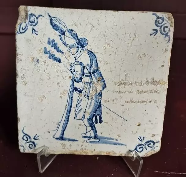 Antique Dutch Delft Tile , Soldier With Sword Holding A Matchlock Musket , 17 Th