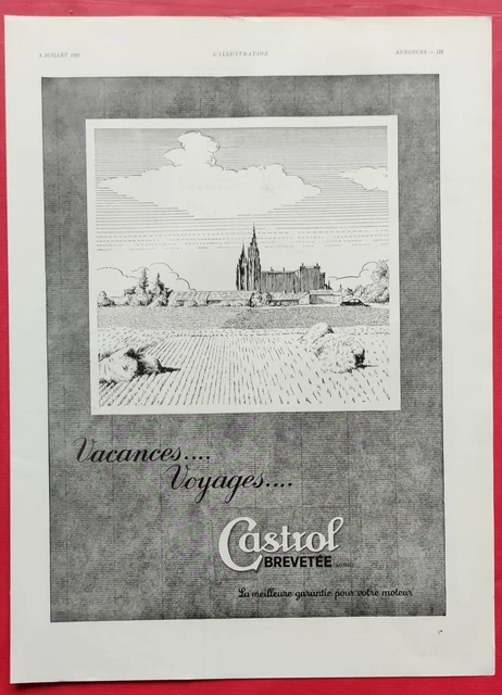Publicité presse 1937 Huile Moteur Automobile CASTROL Vacance Tourisme en ITALIE