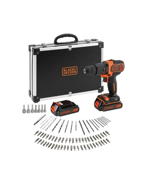 Perceuse à Percussion Black + Decker 18V + 80 Accessoires 2 Bat 1,5Ah Avec Boîte